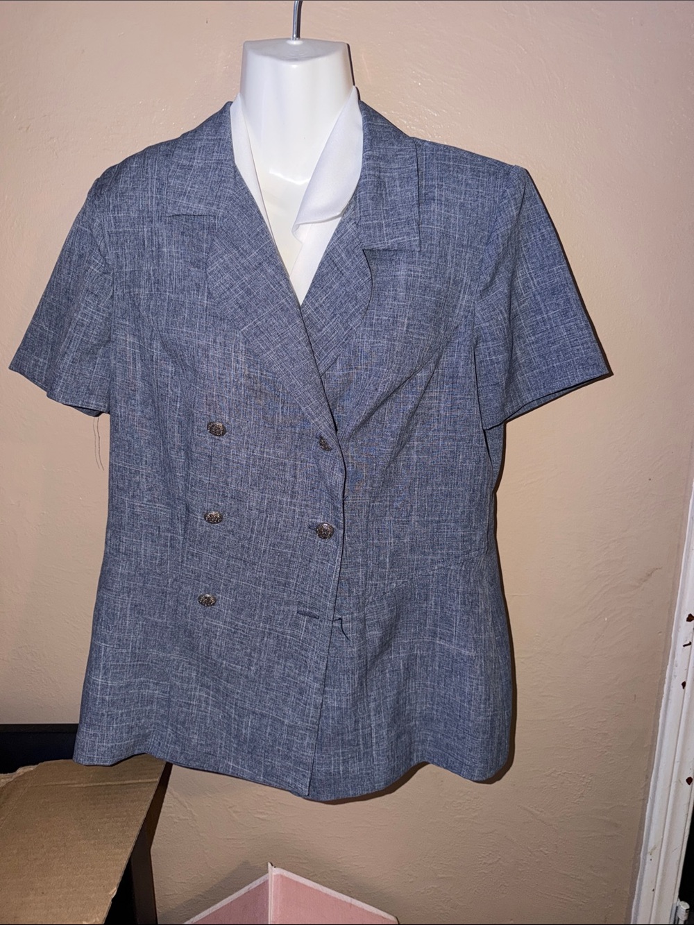Helene Blake Vintage Double-Breasted Short Sleeve Blazer in Heathered Blue small